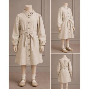 Girls Linen-Blend Button-Front Shirt Dress with Tie Belt, Size 8-9